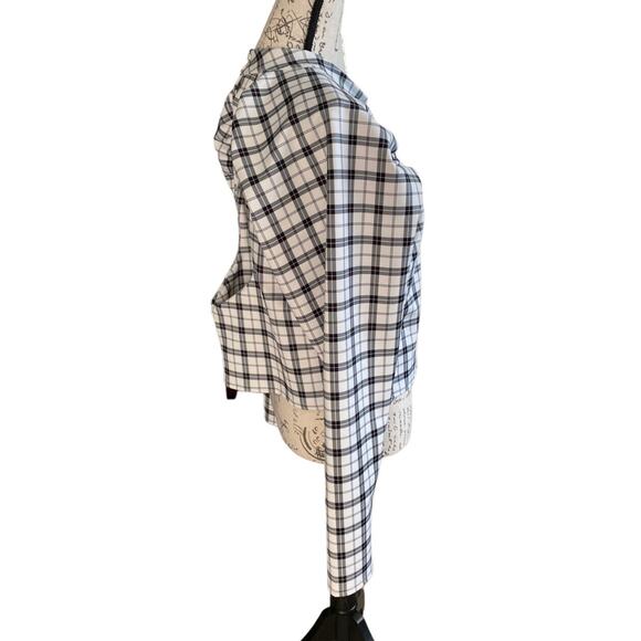 Asos Plaid Long Sleeve Cropped Open Back Mock Neck Blouse Top White Black US 14 - Picture 2 of 7
